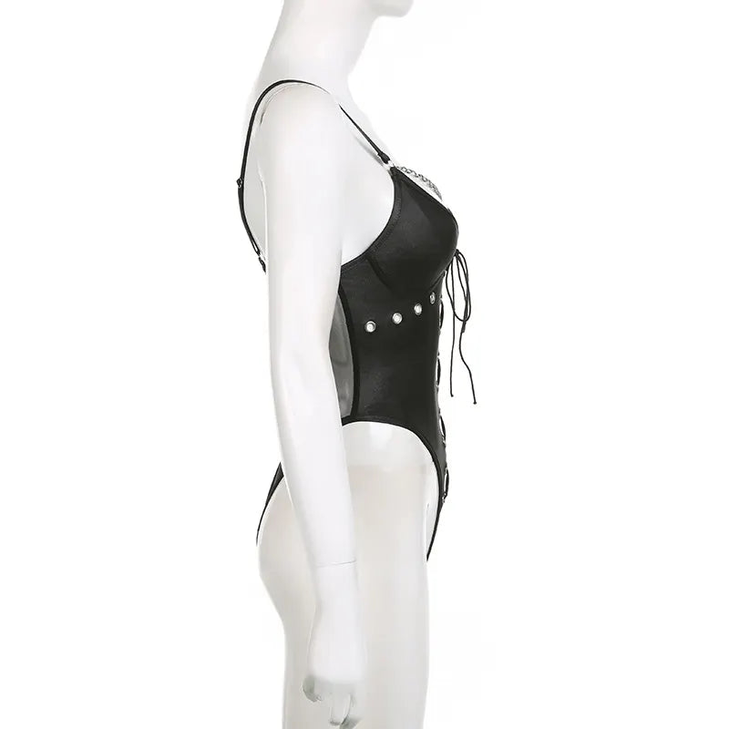 Gothic Chain Slim leather Backless Jumpsuit
