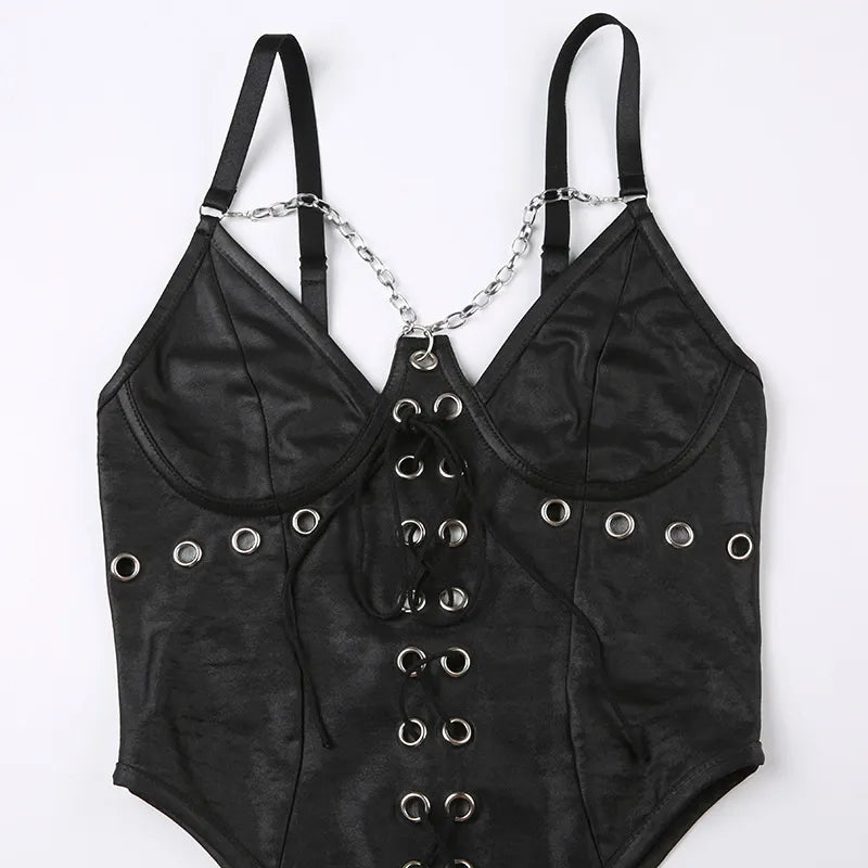 Gothic Chain Slim leather Backless Jumpsuit