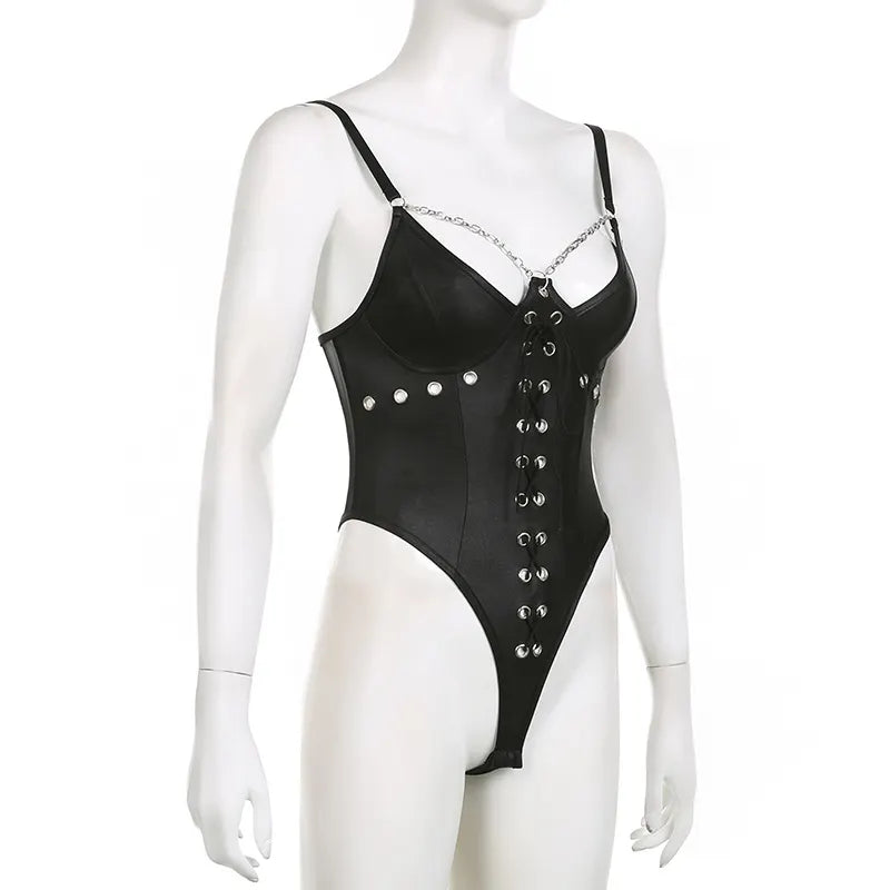 Gothic Chain Slim leather Backless Jumpsuit