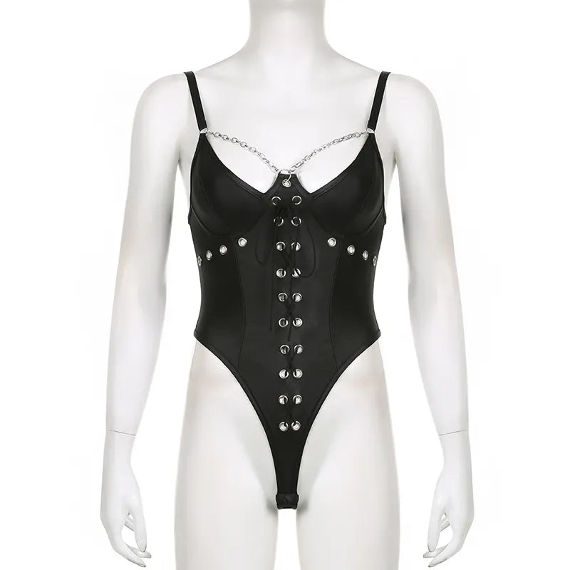 Gothic Chain Slim leather Backless Jumpsuit