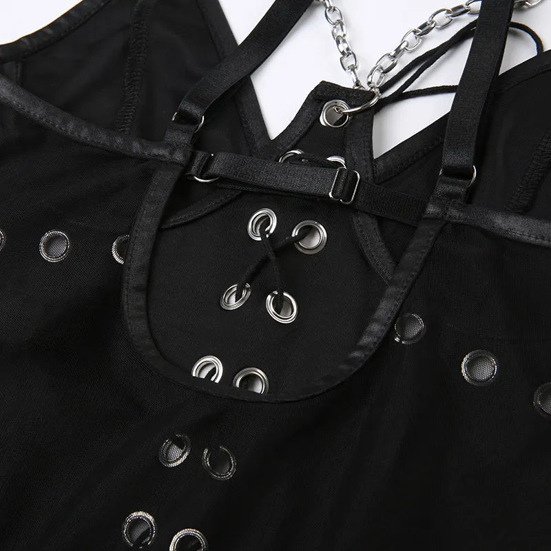 Gothic Chain Slim leather Backless Jumpsuit