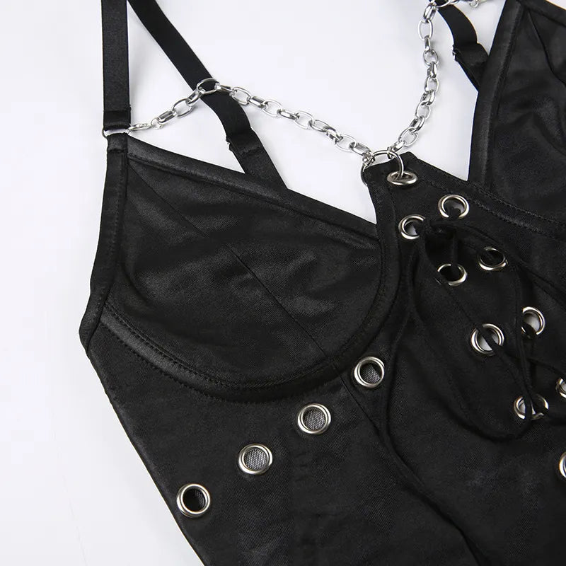 Gothic Chain Slim leather Backless Jumpsuit