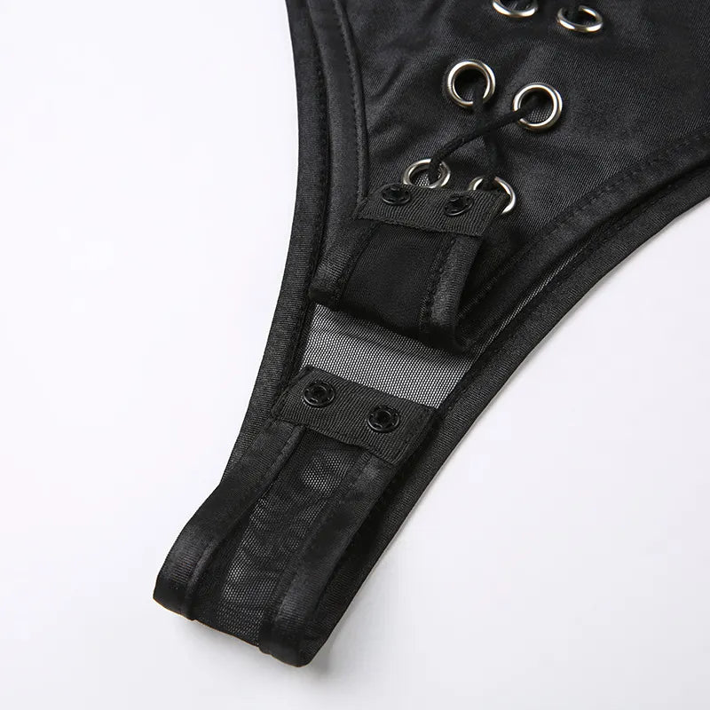 Gothic Chain Slim leather Backless Jumpsuit