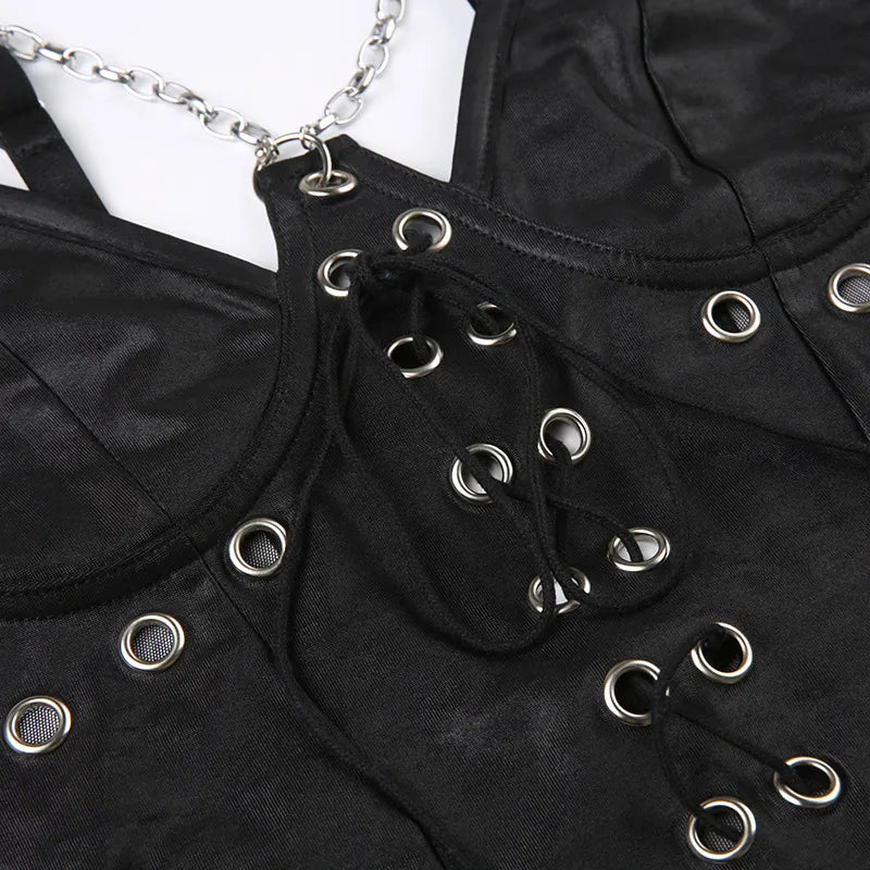 Gothic Chain Slim leather Backless Jumpsuit