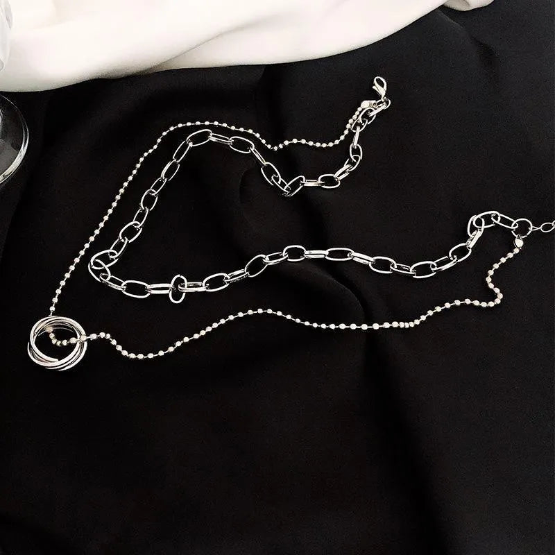 Ring Pendant Double Chain Choker Necklace