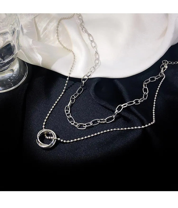 Ring Pendant Double Chain Choker Necklace