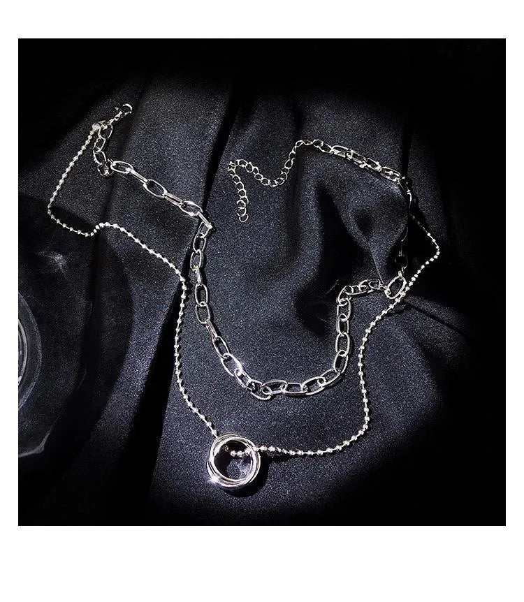 Ring Pendant Double Chain Choker Necklace