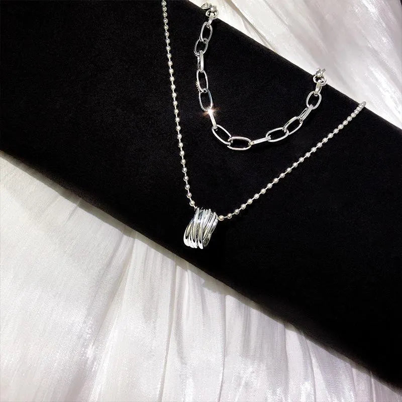 Ring Pendant Double Chain Choker Necklace