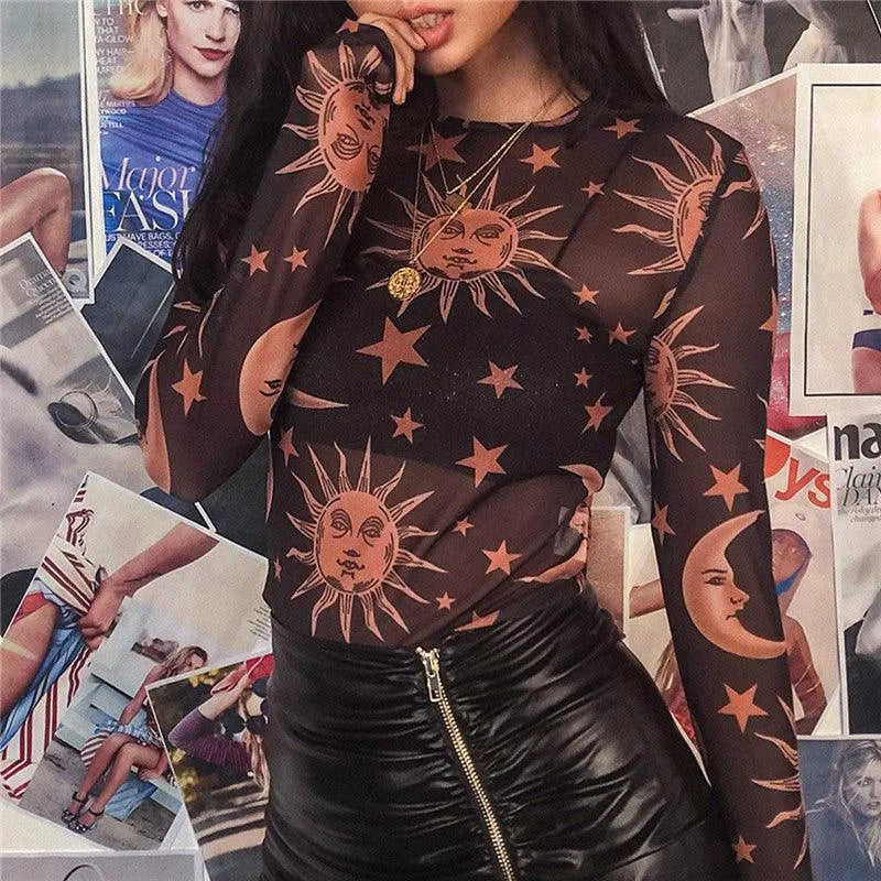 Sun Moon God Mesh Top