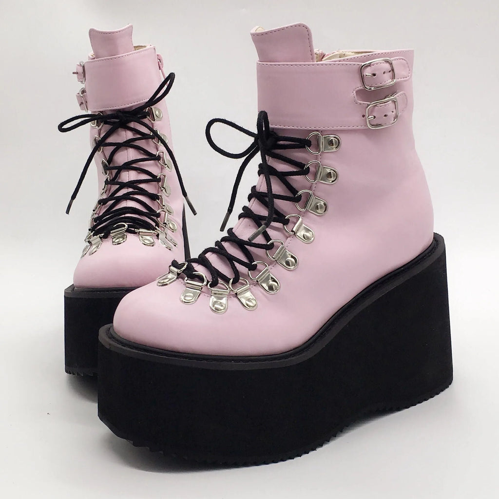 Lace Up Buckles Platform Ankle Boots