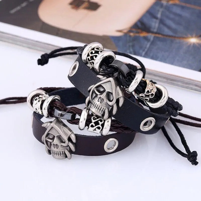Retro Black Leather Skull Bracelet