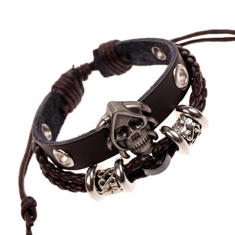 Retro Black Leather Skull Bracelet