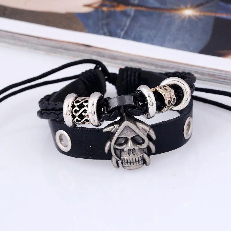 Retro Black Leather Skull Bracelet