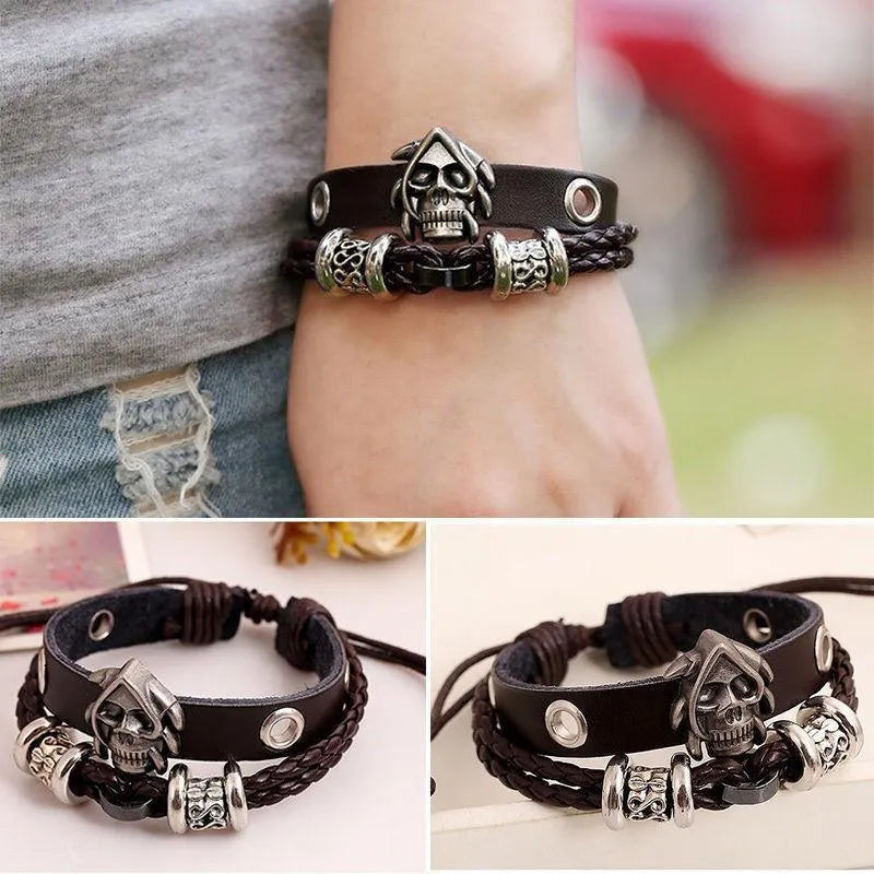 Retro Black Leather Skull Bracelet