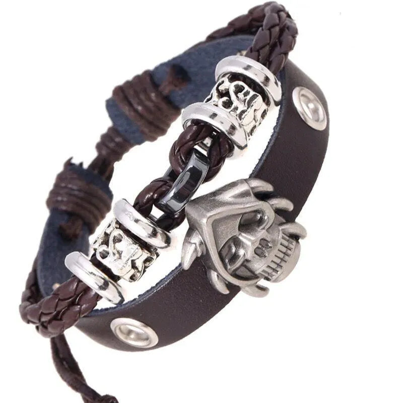 Retro Black Leather Skull Bracelet