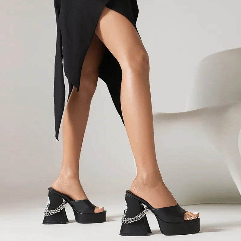 Dark Black Punk Chain Skull Sandals