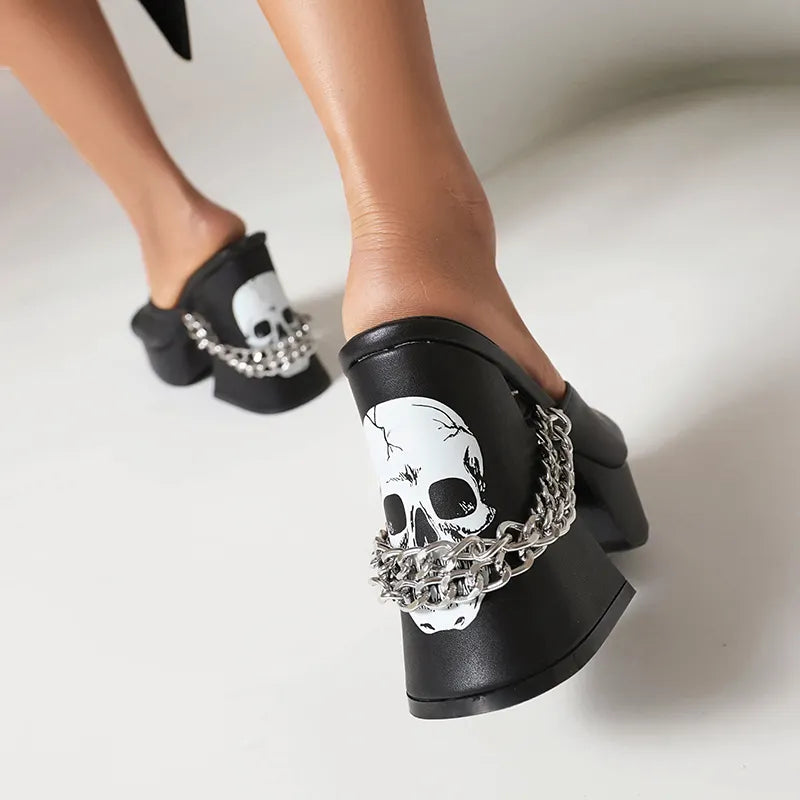 Dark Black Punk Chain Skull Sandals