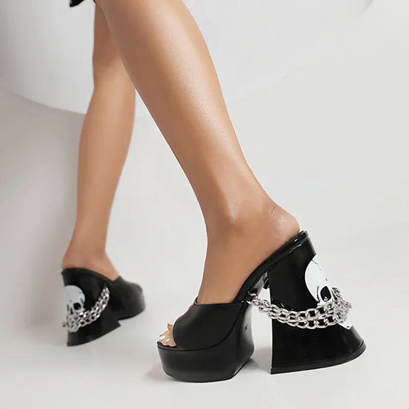 Dark Black Punk Chain Skull Sandals