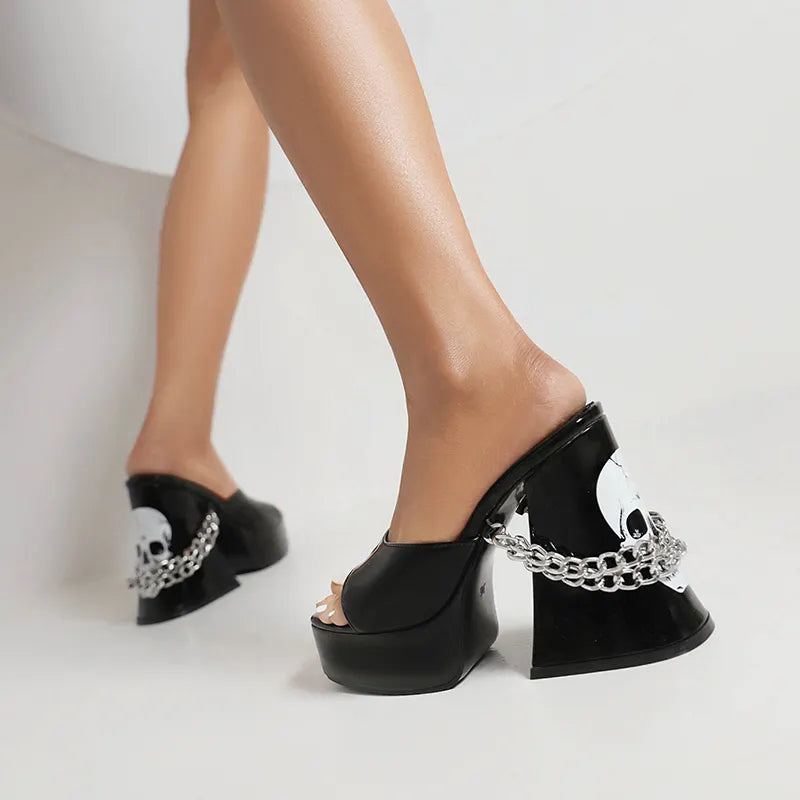 Dark Black Punk Chain Skull Sandals