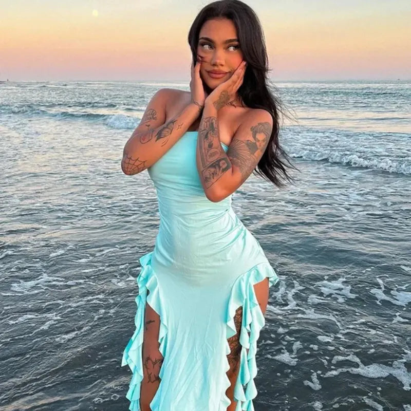 Gothic Beach Ruffles Tube Midi Dress