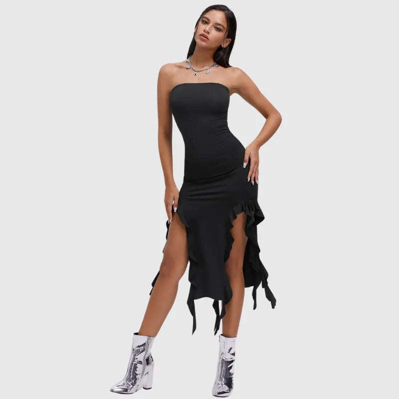 Gothic Beach Ruffles Tube Midi Dress