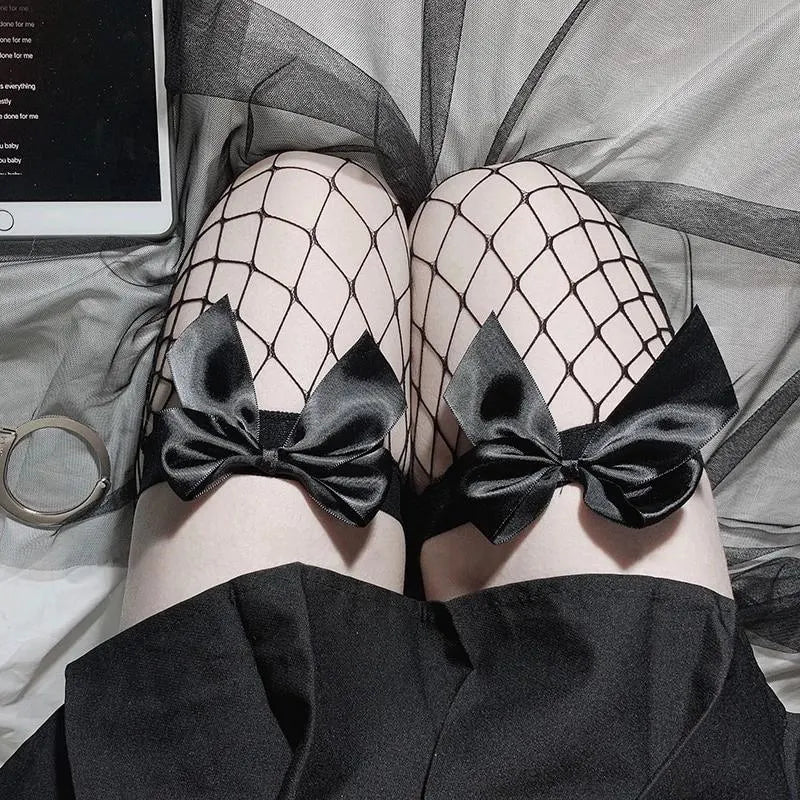 Bow Over The Knee Fishnet Stockings