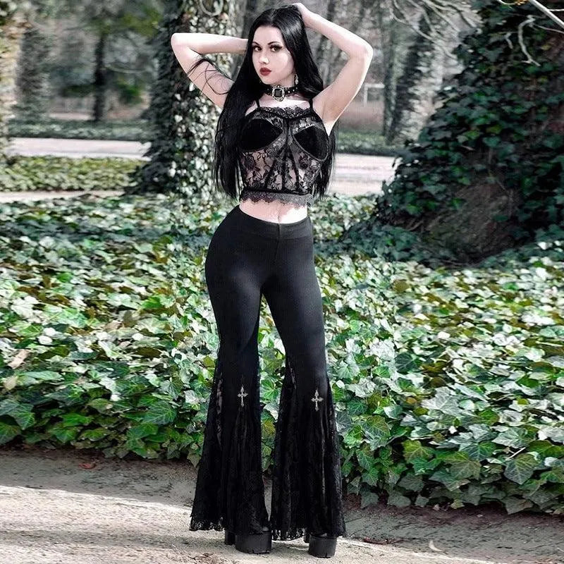 Gothic Dark Lace Flared Pants