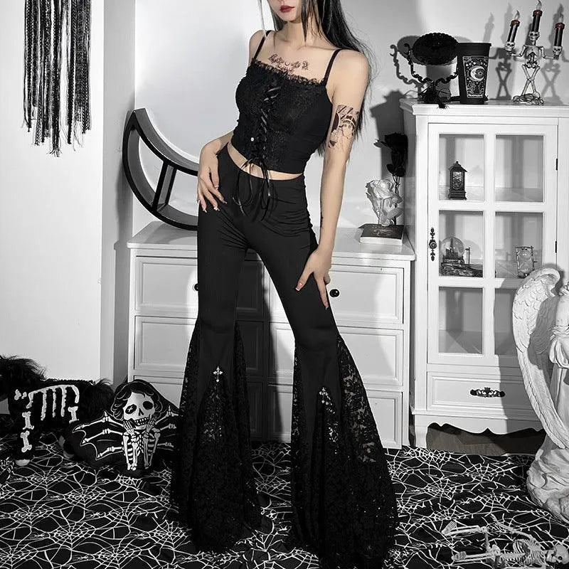 Gothic Dark Lace Flared Pants