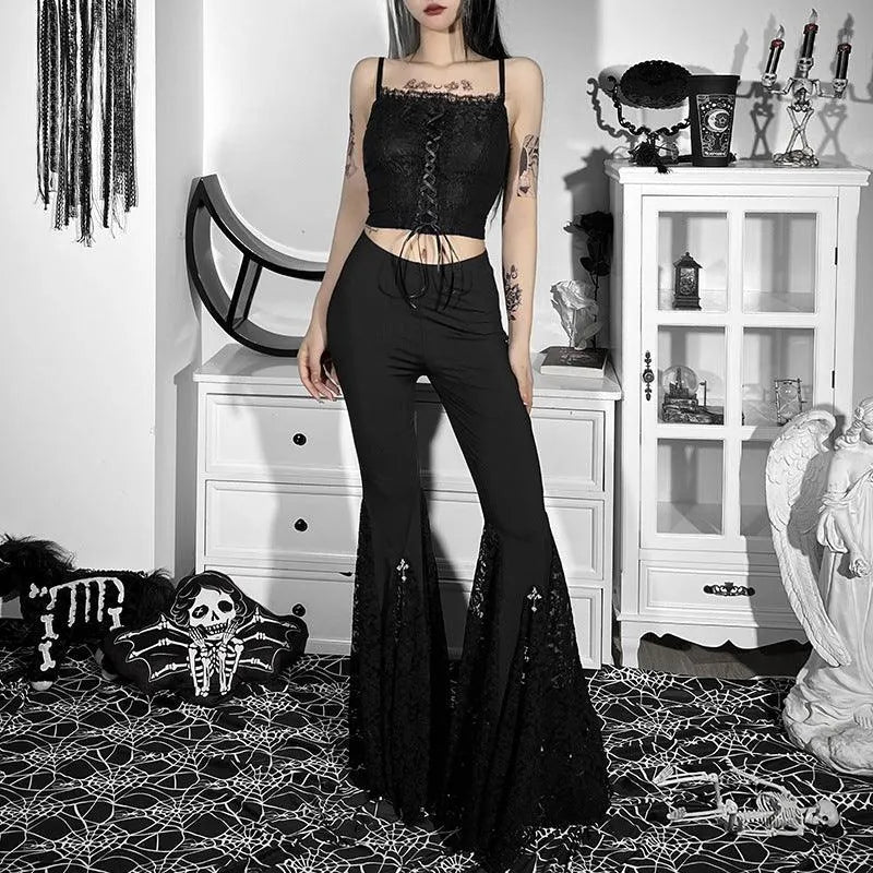 Gothic Dark Lace Flared Pants