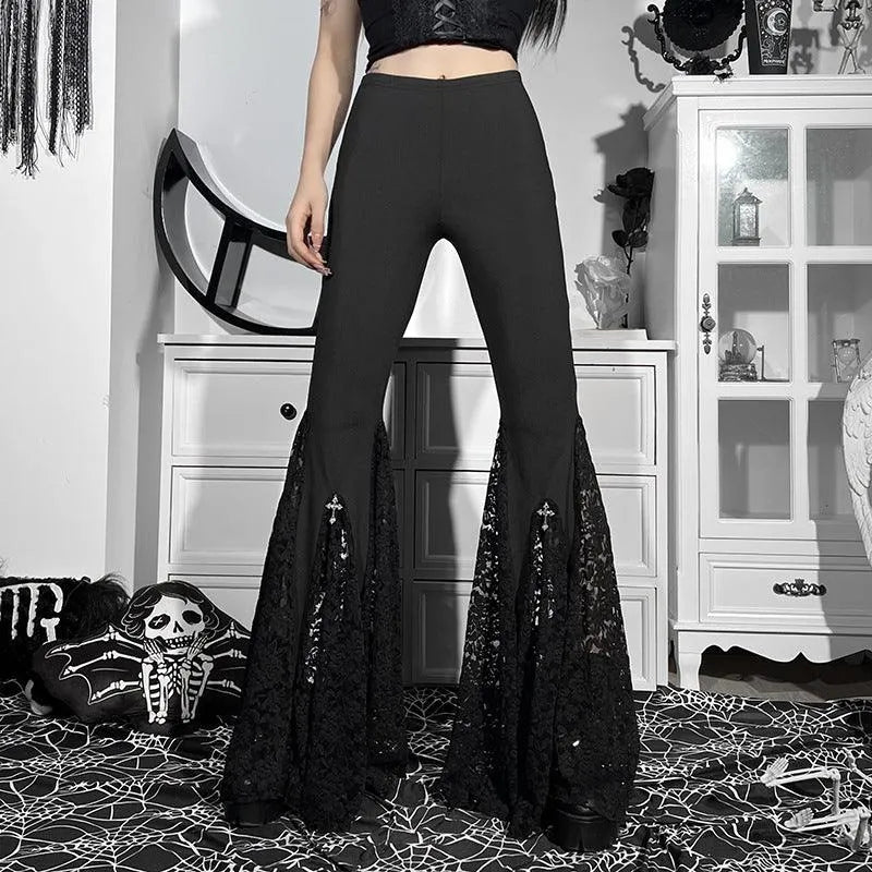 Gothic Dark Lace Flared Pants