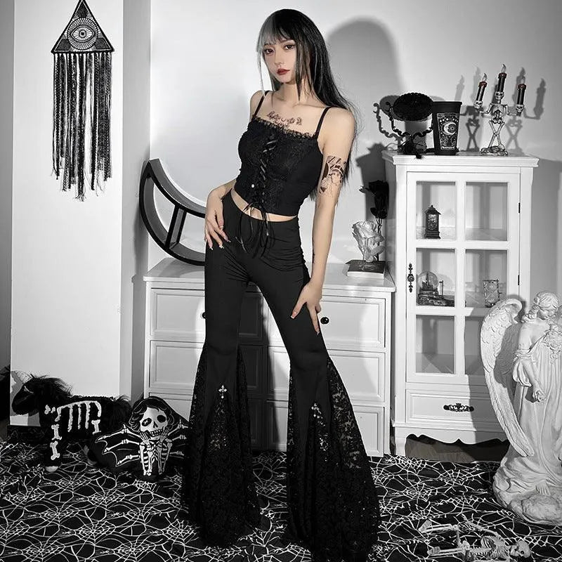 Gothic Dark Lace Flared Pants