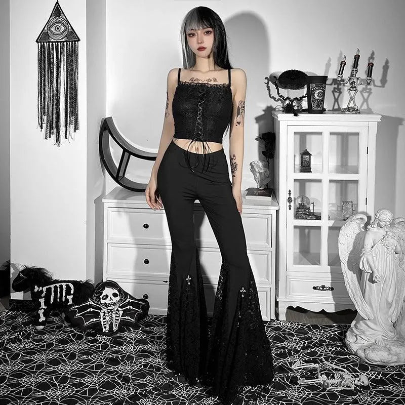 Gothic Dark Lace Flared Pants