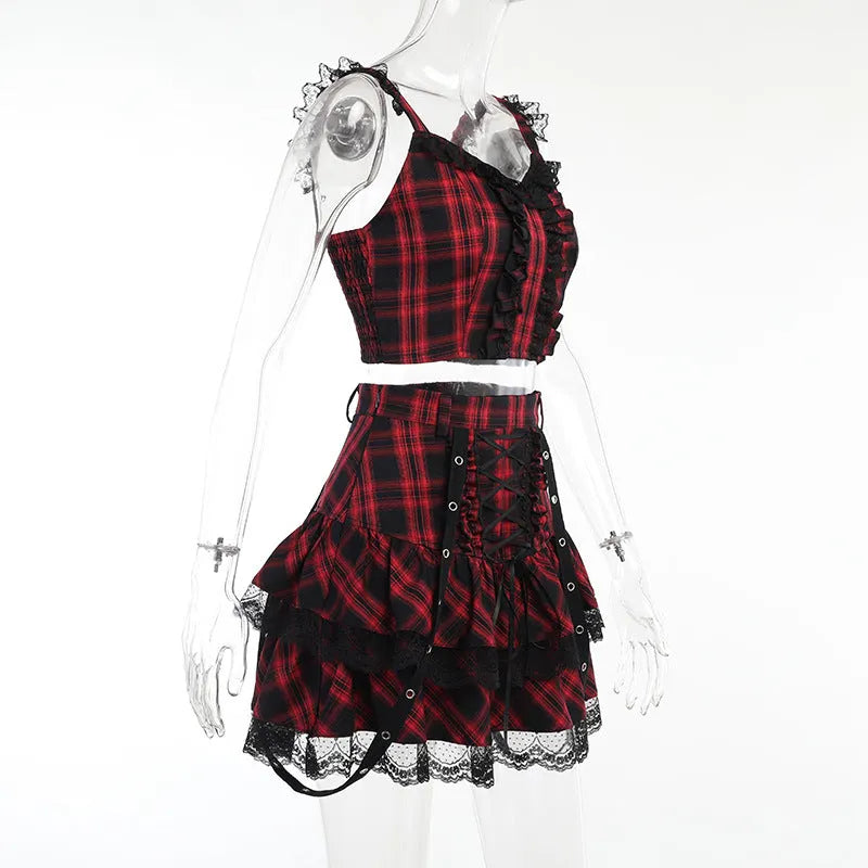Every Breath You Take Plaid Lace Top and Skirt Set