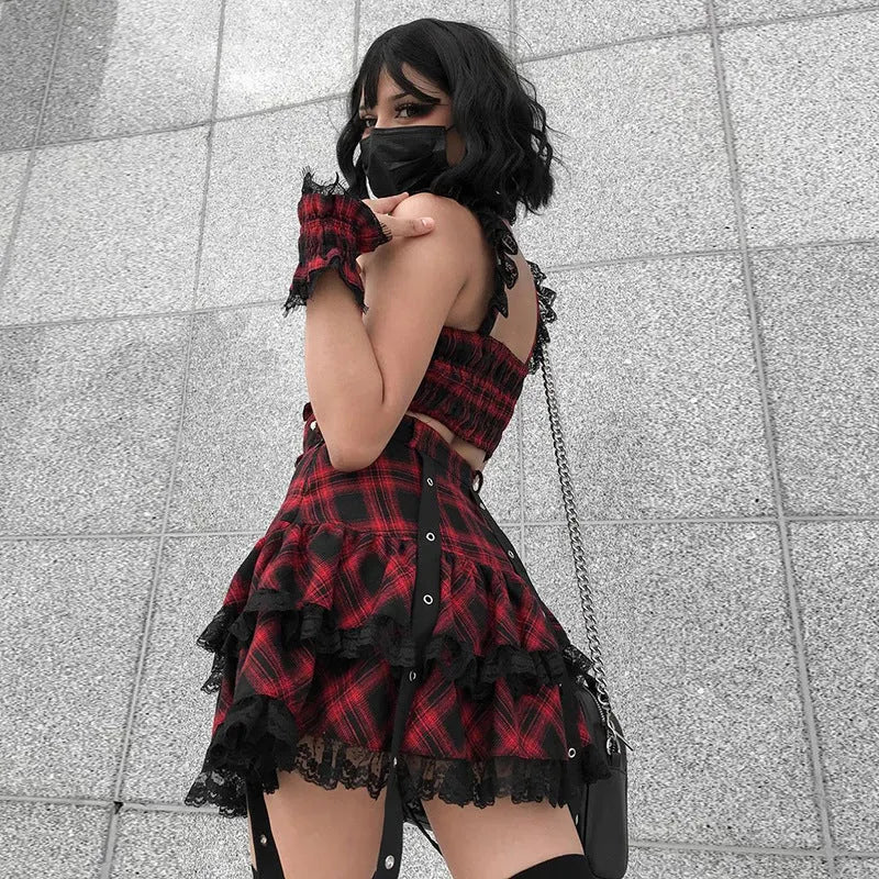 Every Breath You Take Plaid Lace Top and Skirt Set