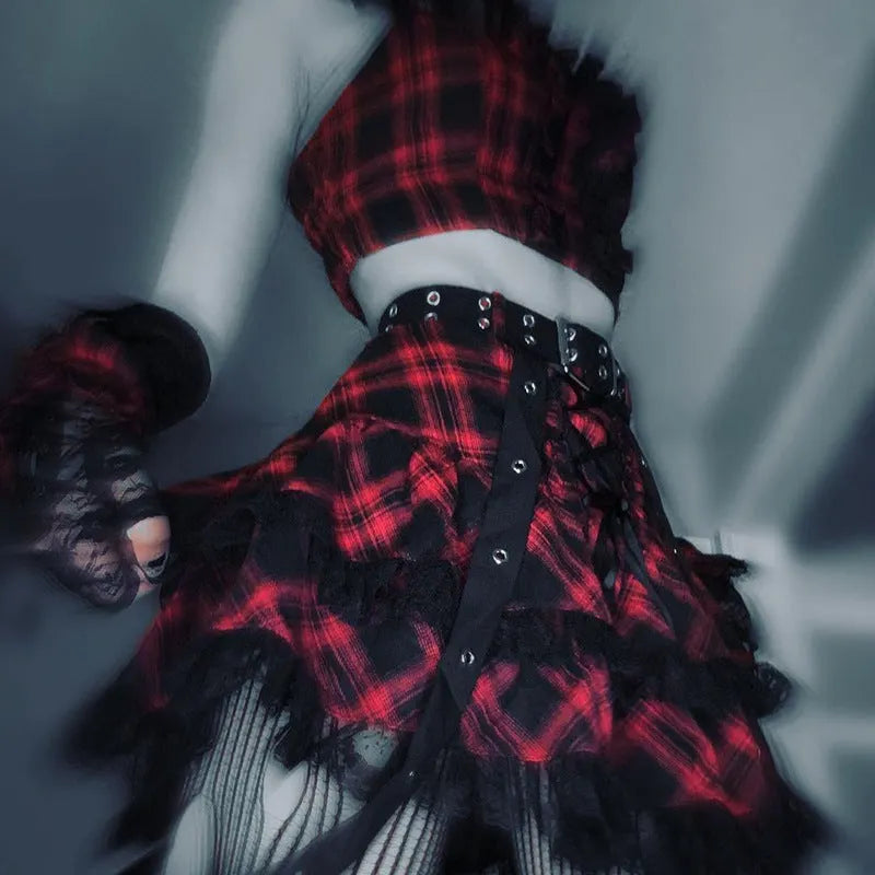 Every Breath You Take Plaid Lace Top and Skirt Set
