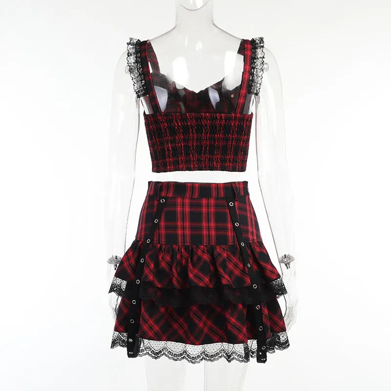 Every Breath You Take Plaid Lace Top and Skirt Set