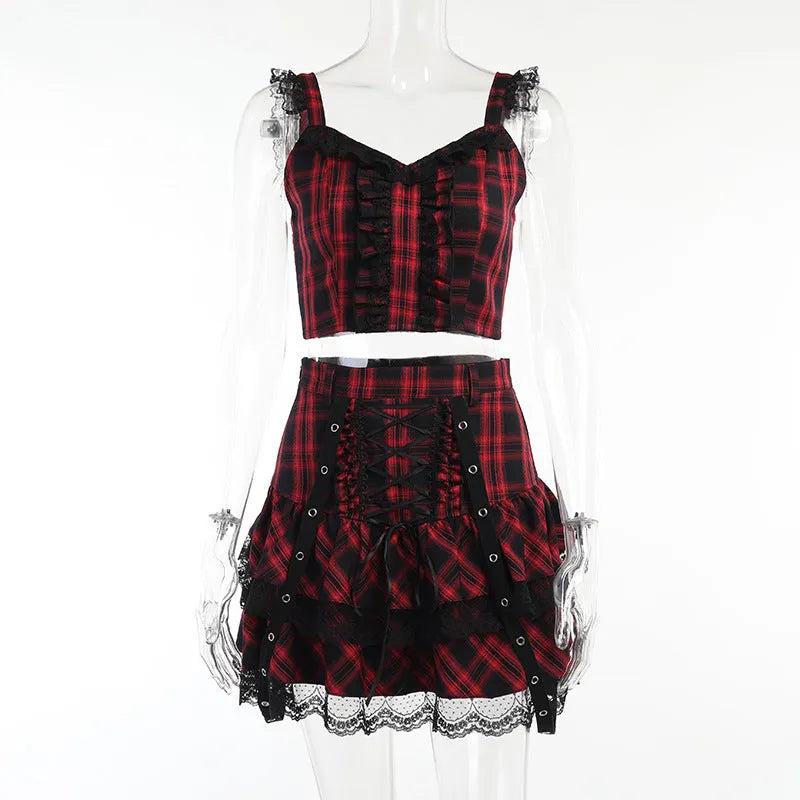 Every Breath You Take Plaid Lace Top and Skirt Set
