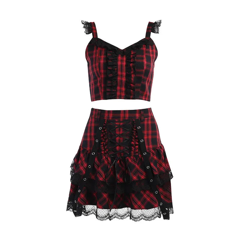 Every Breath You Take Plaid Lace Top and Skirt Set