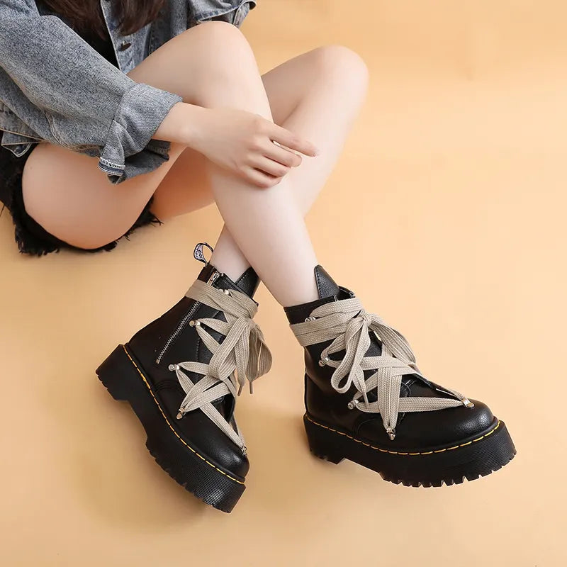 Gothic Litchi Pattern Round head Hexagrams Boots