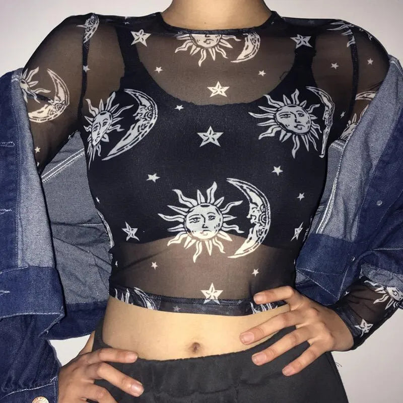 Sun and Moon Print Mesh Top