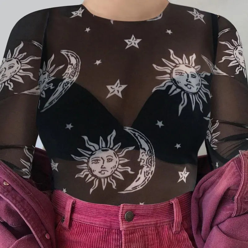 Sun and Moon Print Mesh Top