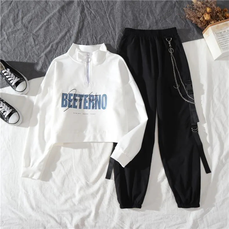 Sports Hoodie and High Waist Street Fashion Cargo Pants