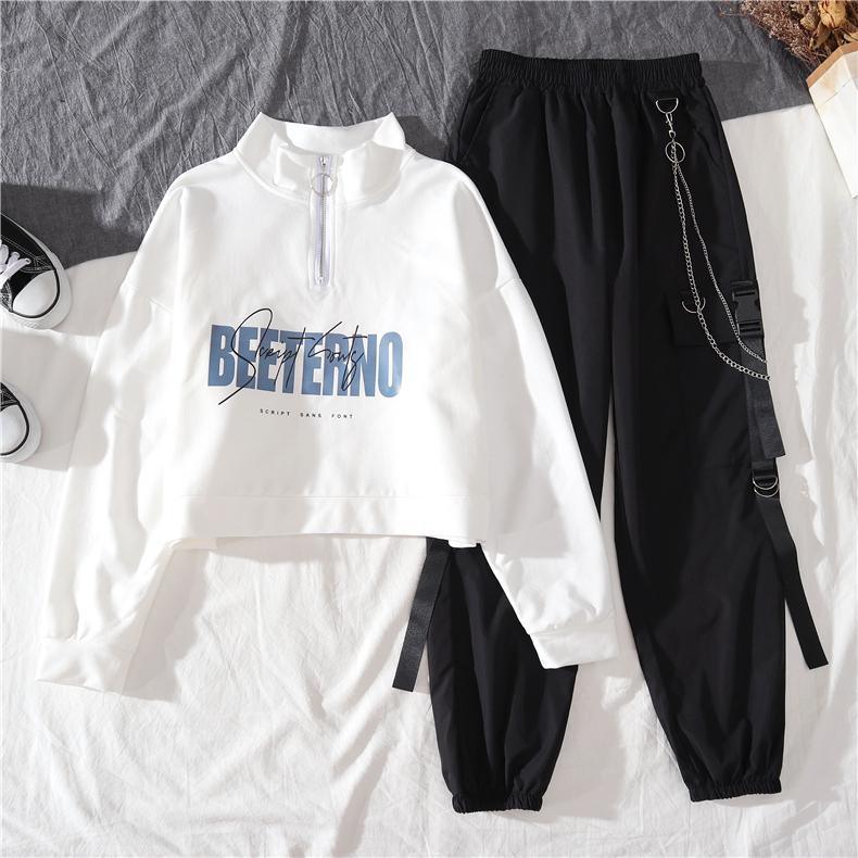 Sports Hoodie and High Waist Street Fashion Cargo Pants