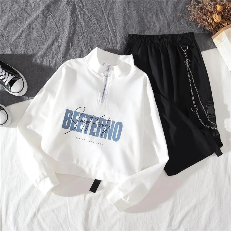 Sports Hoodie and High Waist Street Fashion Cargo Pants