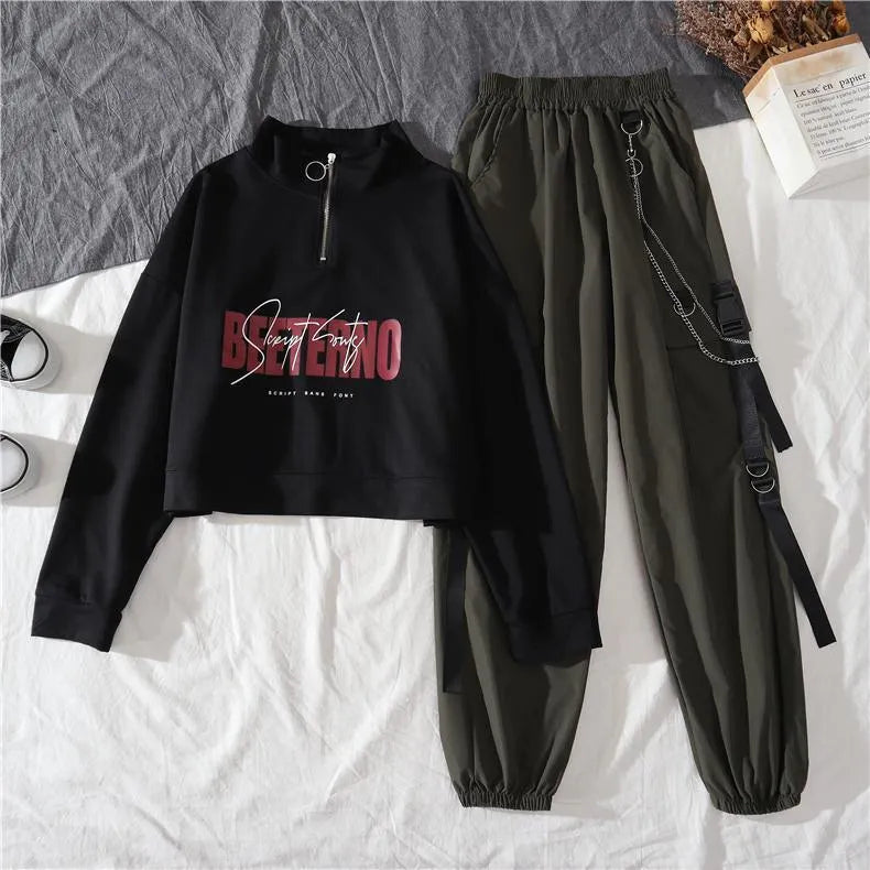 Sports Hoodie and High Waist Street Fashion Cargo Pants