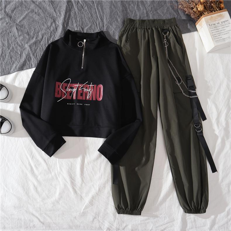 Sports Hoodie and High Waist Street Fashion Cargo Pants
