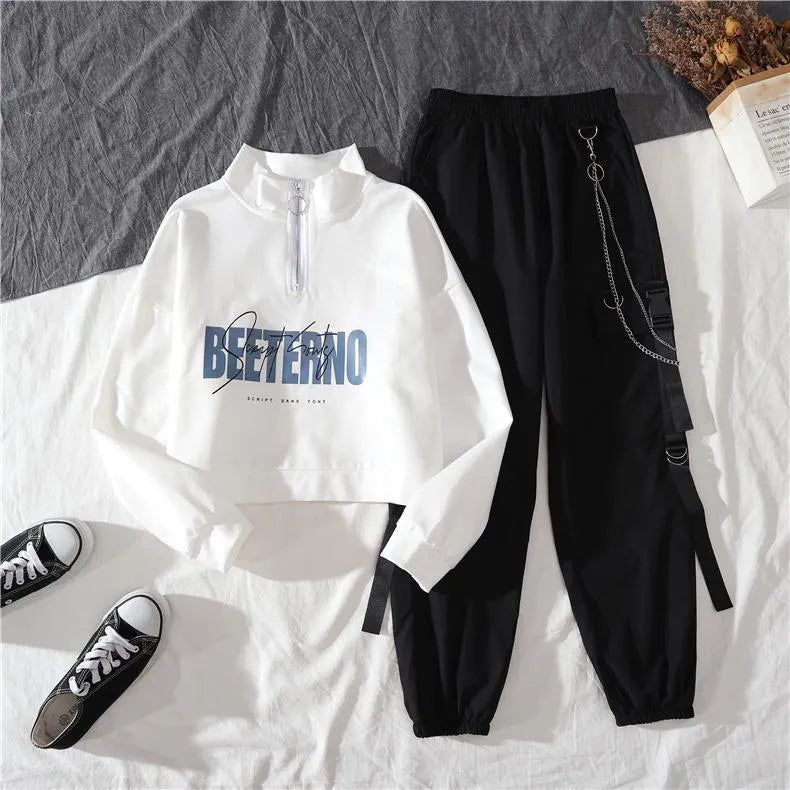 Sports Hoodie and High Waist Street Fashion Cargo Pants