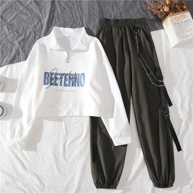 Sports Hoodie and High Waist Street Fashion Cargo Pants