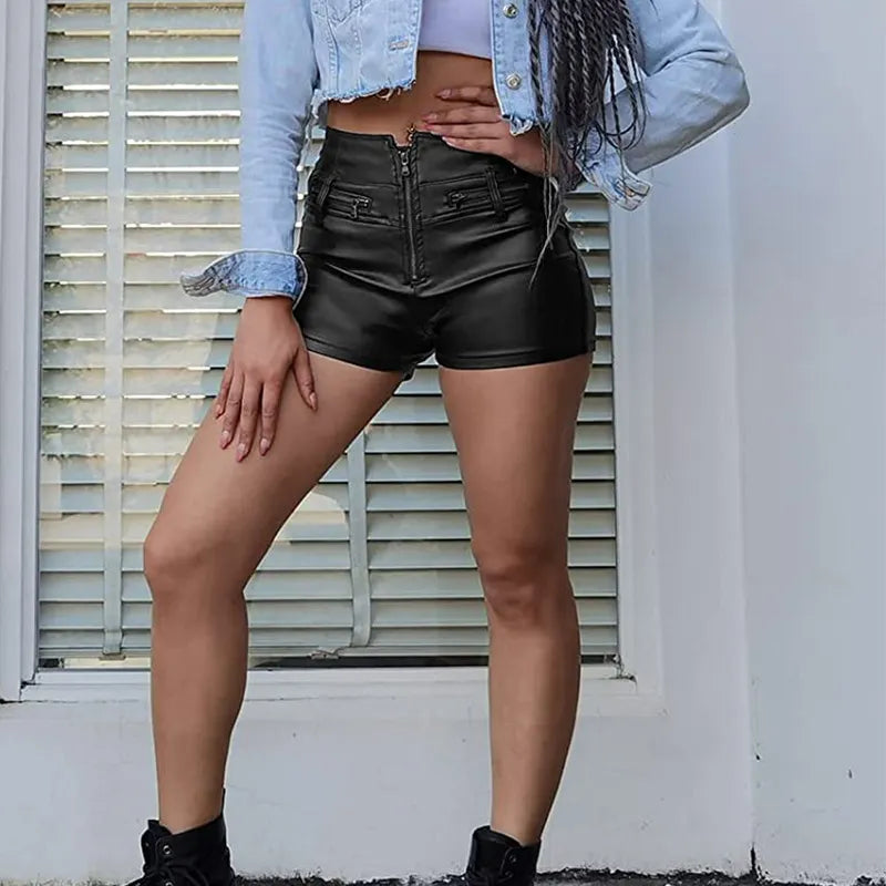 Punk Black PU Zipper Shorts