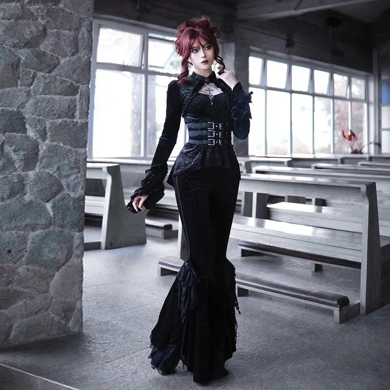 Dark Trendy Victorian Embossed Bell Pants